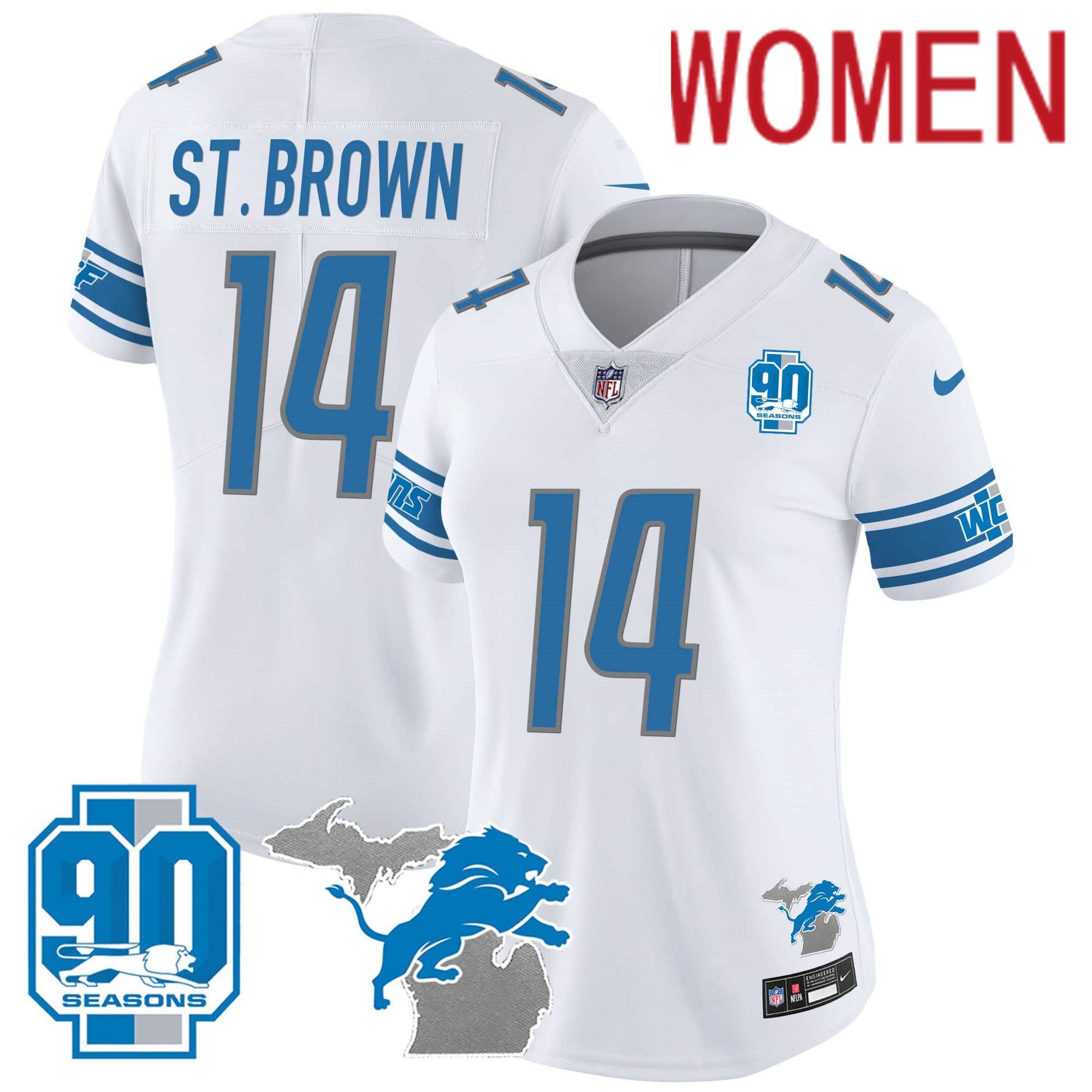 Women Detroit Lions #14 ST Brown White 2024 Nike 90th Year Michigan Patch Vapor NFL Jersey